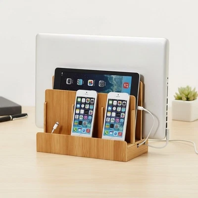 Multi-Device Charging Station Bamboo Organizer for Laptops Tablets Phones - Image 1 of 4