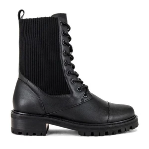 Raye Zu Boot Black Leather Upper Lug Combat Knit Gussets Lace-Up Sz 10 - Picture 1 of 11