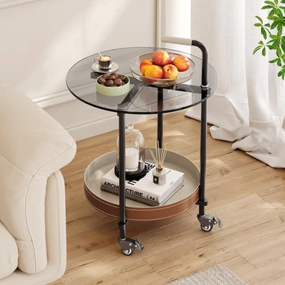 Double Layer End Table Mobile Round Side Table with Storage Glass-Top Tea Table - Image 1 of 4