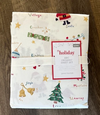 Pottery Barn Kids ABC Holiday Christmas QUEEN organic cotton sheet set a b c - Image 1 of 2