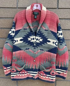 Vtg Ralph Lauren Polo Hand Knit Navajo Aztec Shawl Collar Concho Sweater M *flaw - Picture 1 of 5