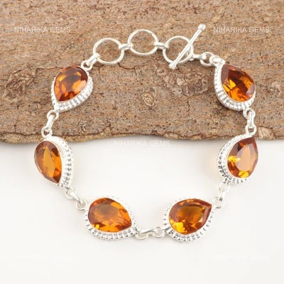 Halloween Deal 925 Silver Citrine Stone Handcrafted Anniversary Chain Bracelet - Image 1 of 4