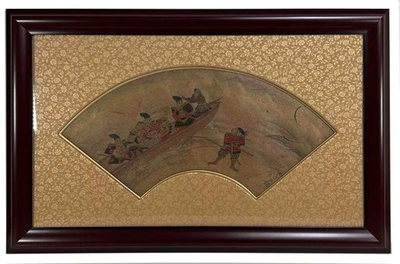 Antiguo japonés Edo firmado Ukiyo-e barco samurai batalla papel abanico hoja pintura Foto 1 de 4