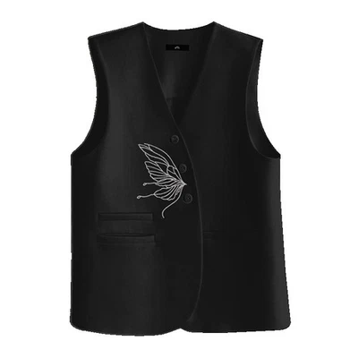 Gilet Sans Manches Pour Femmes Veste Gilet Boutonné Brodé Formelle Affaires - Photo 1/4