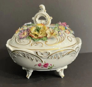 Vintage schierholz german porcelain Covered Candy Dish Bowl Applied Flowers - Picture 1 of 16