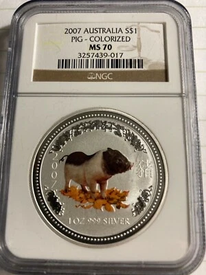 2007 S$1 Silver Colorized Pig 🐖 1oz. NGC MS70 Australia ONLY 45 EXIST 🐷 RARE! - Image 1 of 2