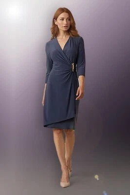 Joseph Ribkoff Faux Wrap Crossover Dress With Buckle Waist - Mineral Blue - UK14 - Image 1 of 4