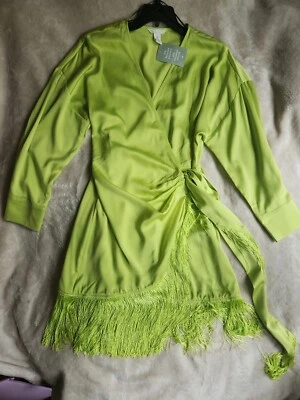 H&M Fringe-Trimmed Satin Wrap Dress lime green sz S BNWT - Image 1 of 4