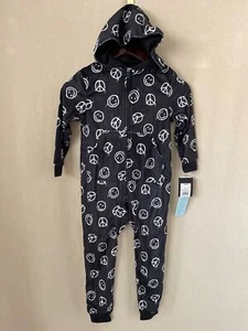 ArtClass Black Smiley/Peace Print Fuzzy Hooded Zip-Front No-Feet Pajamas XS - Picture 1 of 11
