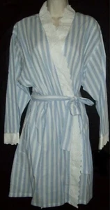 EILEEN WEST COTTON Blue White  STRIPE SHORT WRAP FRONT KIMONO ROBE  MEDIUM EUC - Picture 1 of 5