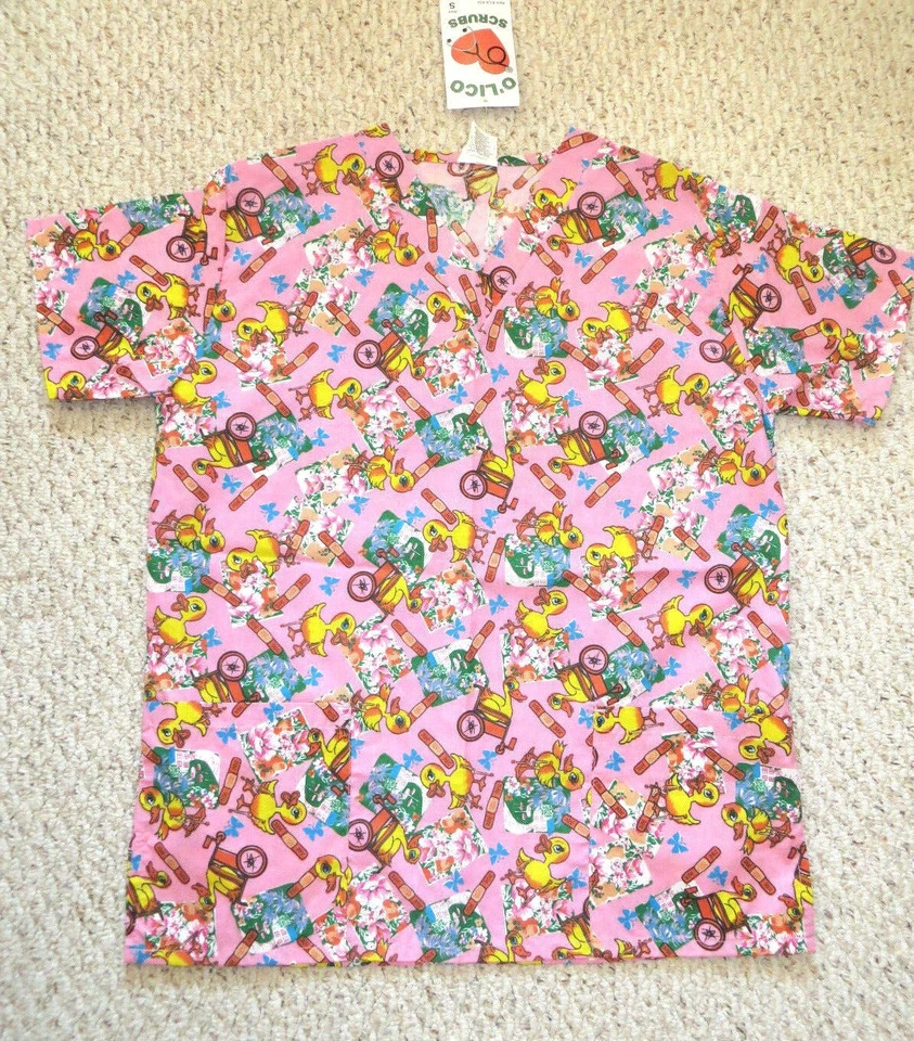 SCRUB TOP Ducks, Band-aids, Flowers, etc. SHIRT Scrubs Pink Size SMALL Uniform - Image 1 of 4