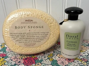 THE THYMES LIMITED GARDENIA SHOWER GEL & LARGE AVEDA 100% CELLULOSE BODY SPONGE - Picture 1 of 4