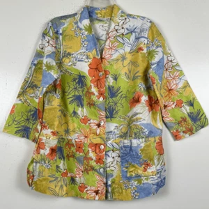 Hot Cotton Lagenlook Linen Jacket Medium Floral Print Button Front with Pockets - Picture 1 of 9