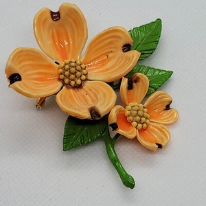 Vintage Orange Dogwood Double Blossom Flower Enamel Pin Brooch Hippy Mod Retro - Picture 1 of 10