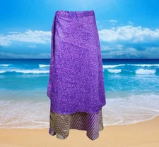 Womens Maxi Magic Wrap Skirt, Floral Double Layers Purple Wrap Skirts,  One Size