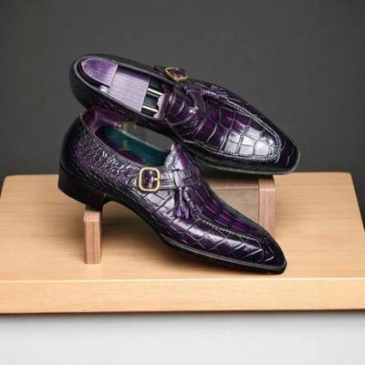 Zapatos de vestir de boda con borlas y correa de monje a medida de cuero de cocodrilo púrpura Foto 1 de 4
