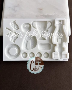 Formula One Themed Silicone Mold: 3D Race Car, Flags, Cup, Helmet, Tires cvts - Picture 1 of 5