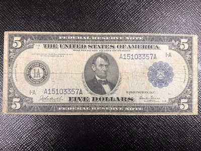 1914 $5 Blue Seal "Horseblanket"  Federal Reserve Note Circulated Blue Seal - Image 1 of 4