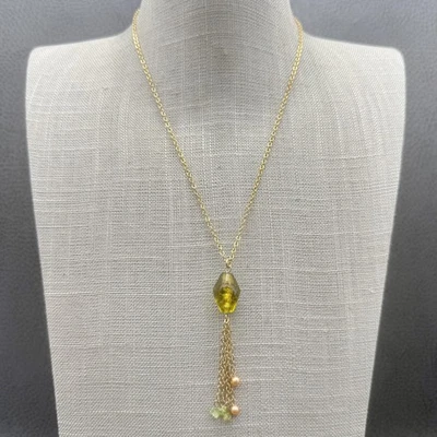 Lia Sophía Necklace Tassel Pendant Glass Bead Faux Pearl Gold Tone Women 20" - Image 1 of 4