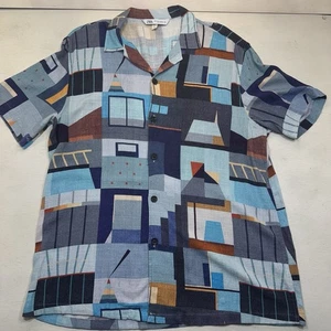 ZARA Camicia Uomo XL Blu Stampa Arte Astratta Manica Corta Bottoni Misto Lino - Foto 1 di 18