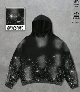 Giacca con cappuccio nera moda strass diamante uomo lusso nuova alta qualità - Foto 1 di 5