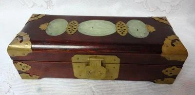 Old Antique Chinese King Grade A Ice Jade Ornate Brass Wood Jewelry Box Cabinet - Image 1 of 4