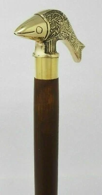 Bastón de madera antiguo de latón victoriano mango de pez bastón regalo Foto 1 de 4