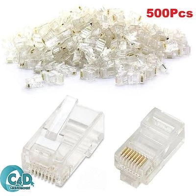 500x RJ45 Connectors Network CAT5e Cat6 Cable End Crimp Modular Plug GOLD Pins - Image 1 of 4