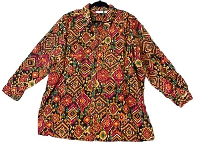 Blusa Camisa Susan Graver 3X Colorida Azulejo Geométrico Abotonada Manga Larga Azteca Foto 1 de 4