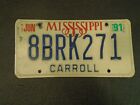 Mississippi License Plate Red White Blue June 1991 Carroll County MS 8BRK271