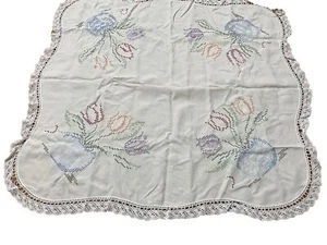 Semco Vintage Tablecloth Linen Embroidered Blue Red cross-stitch 88cm x 82 cm - Picture 1 of 7