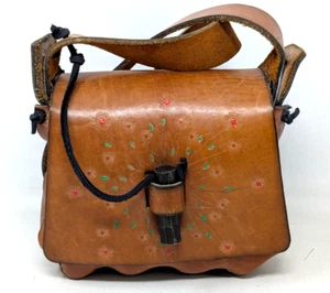Vintage 1970s Tooled Leather Boho Bohemian Hippie Floral Shoulder Bag Purse - Picture 1 of 10