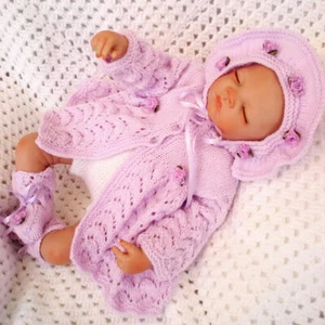 Baby Knitting Pattern DK Matinee Coat Pants Bonnet Boots 0-3 Month 20-22" Doll - Bild 1 von 7