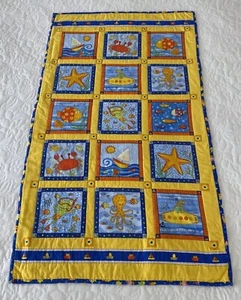 Handmade Patchwork Cotton Baby Quilt Fish Sea Marine Aquatic 105 cm x 60 cm - Picture 1 of 17