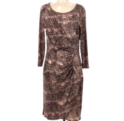 Dana Buchman Small Dress Brown Snake Sheath Ruched Faux Wrap 3/4 Sleeve Stretch - Image 1 of 4