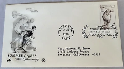 First Day Cover 1996 Summer Games 100th Anniversary  - Image 1 of 4