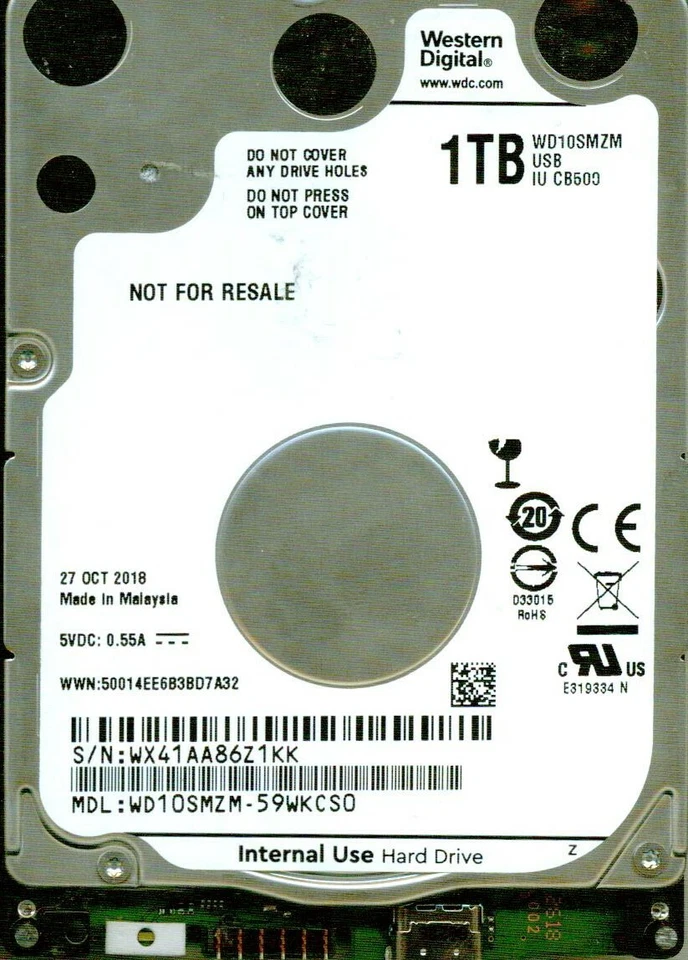 WD10SMZM-59WKCS0,  USB-C   WESTERN DIGITAL SATA 1TB  WX41  OCT 2018 - Image 1 of 1