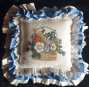 Absolutely Beautiful Handmade Cross-Stitched Flower Pillow with Ruffles  - Picture 1 of 2