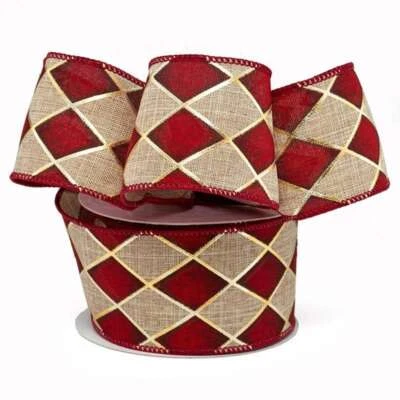 Christmas Harlequin Diamond Wired Ribbon - 2 1/2" x 10 Yards, Red, Natural, Gold - Image 1 of 4