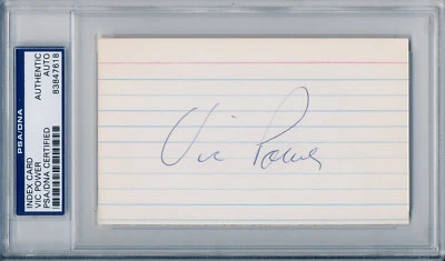 VIC POWER Signed Index Card Philadelphia Athletics Phillies Indians Twins PSA - Image 1 of 2
