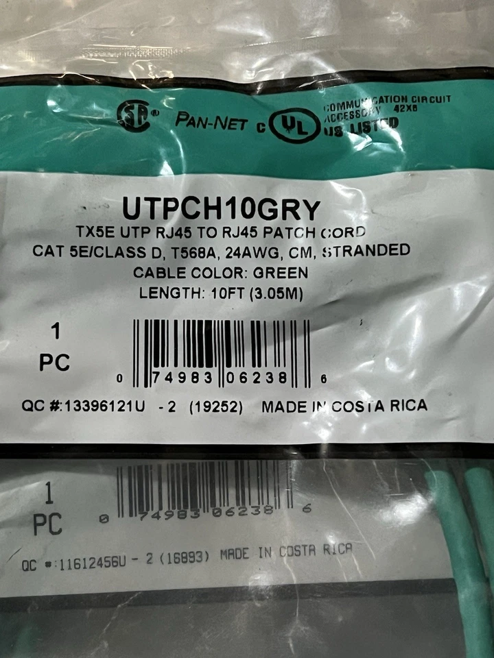 Panduit UTPCH10GRY | Copper Patch Cord, STP, Pan-Plug Modular Ethernet (10 pack) - Image 1 of 4