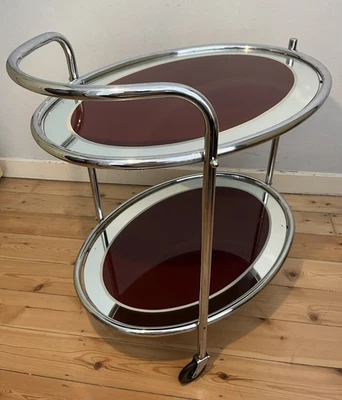 Vintage 1950/60s Art Deco Chrome & Burgundy Glass Drinks Trolley Mid-Century  - Image 1 of 4