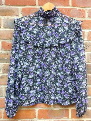 H&M Divided XS-S Whimsigoth Chiffon Ruffle Frill Blouse Purple Black Rose Gothic - Image 1 of 4