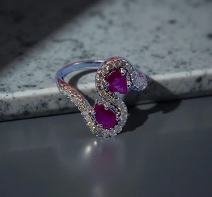 Bypass Ruby Gemstone with Diamond Ring Sterling Silver Double Pear Shape Ring - Picture 1 of 6
