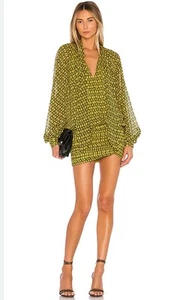 L,Academie The Malle Mini Dress In Gold Chain Puff Sleeves Ruched Skirt Size XS - Picture 1 of 17