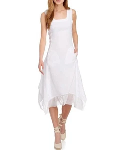 Neu mit Etikett For Cynthia Leinenmischung Shirkbite Lagenlook quadratischer Ausschnitt weiß Kleid Medium - Bild 1 von 8