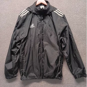 Adidas Men’s M Black Windbreaker Jacket Hooded Full Zip 3-Stripes Mesh Line 0375 - Picture 1 of 8