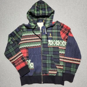 Polo Ralph Lauren Full Zip Patchwork Plaid Tartan Fair Isle Hoodie Sweatshirt M - Picture 1 of 11