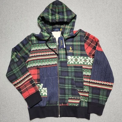 Polo Ralph Lauren Full Zip Patchwork Plaid Tartan Fair Isle Hoodie Sweatshirt M - Image 1 of 4