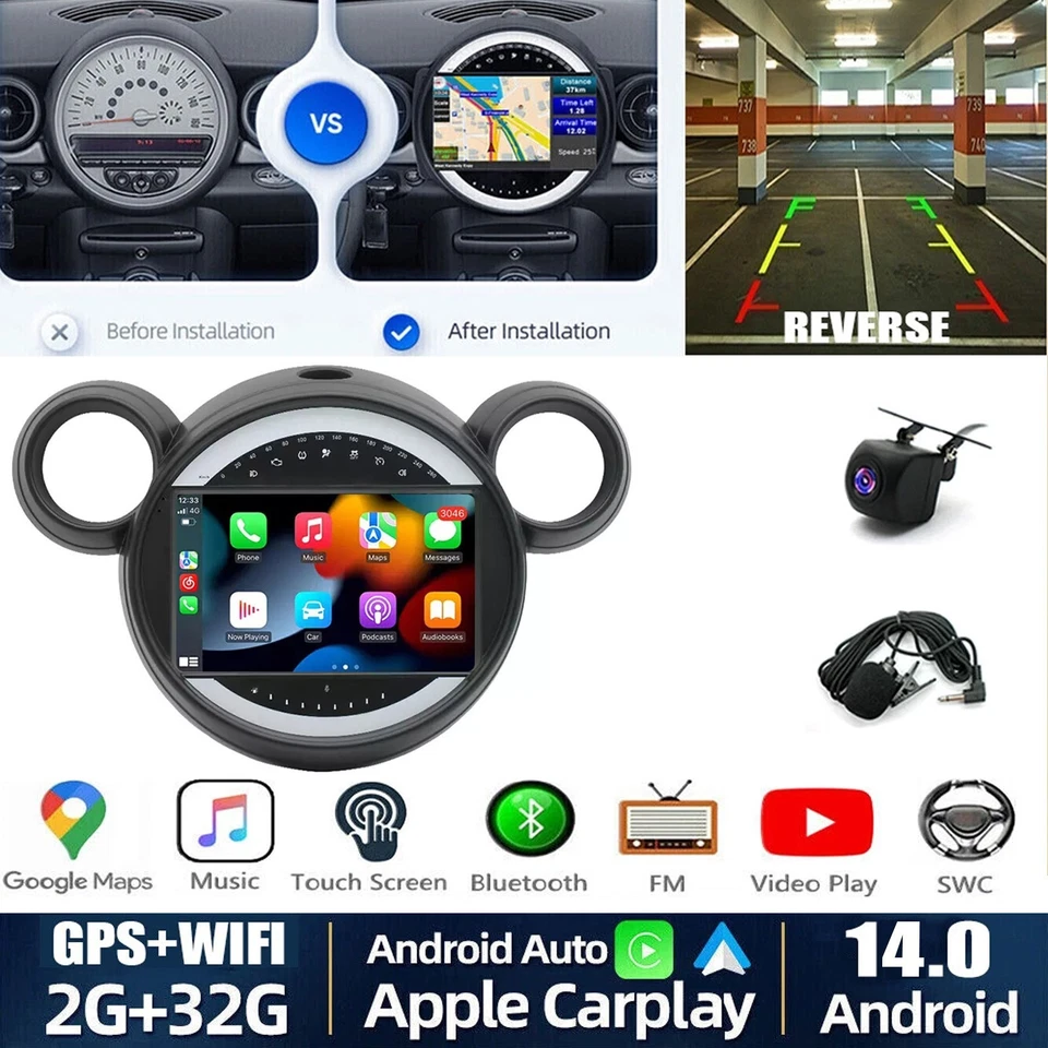 Rádio estéreo automotivo GPS Android 15 Apple Carplay para BMW Mini Cooper R60 2007-2014 - Imagem 1 de 4
